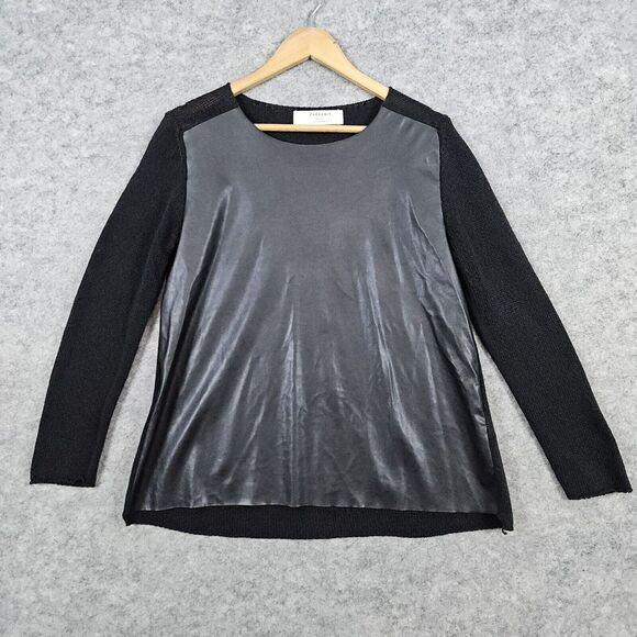 Zara Knit Zaraknit Women's Pullover Sweater Size L Knit Black Faux Leather Front - Picture 1 of 9